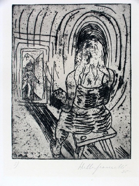 Maria mit dem schlafenden Knaben im Arm vor dem Spiegel, verklärt über den Ring des Tambourmajors