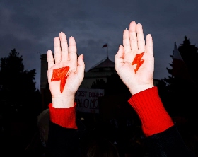 Poland, Warsaw. Seventh Day of Protests Against Introduction of a Nearly Total Abortion Ban. Thousands of Protesters Made to the Streets Despite of Covid-19 Pandemic. The Women's Strike Red Bolt Has Become a Symbol of Feminist Emancipation