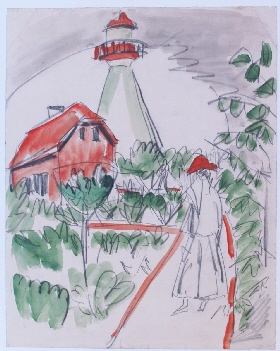 Frau im Garten, Leuchtturm und rotes Haus