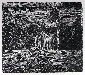 Stehende Frau auf halber Kellertreppe