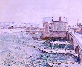 Le pont de Moret et les moulins, effet de neige